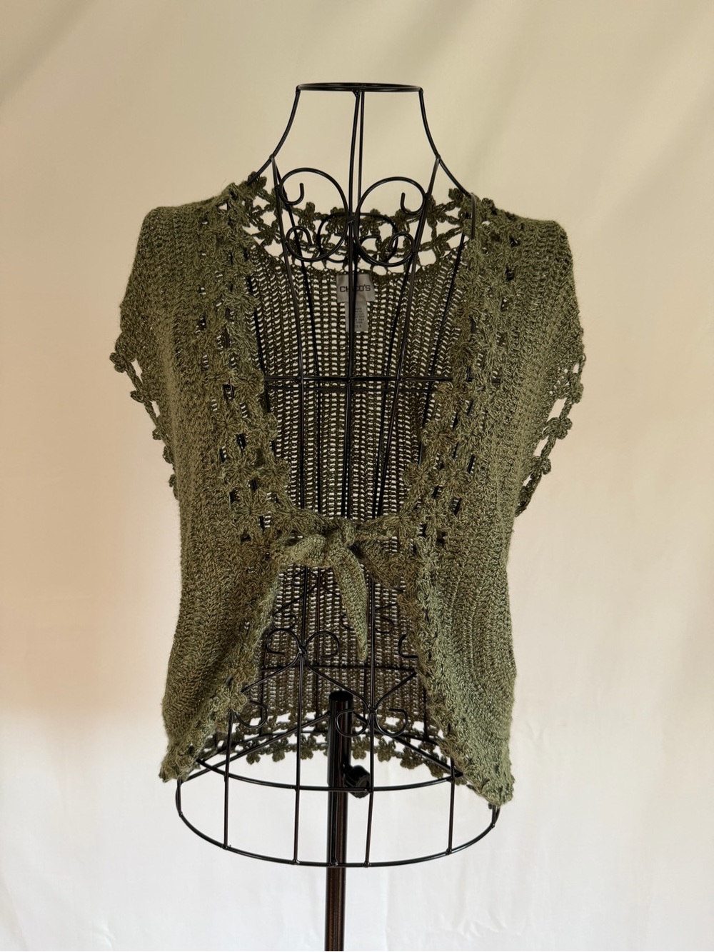 Chico's Olive Green Crochet Tie-Front Sweater Shrug